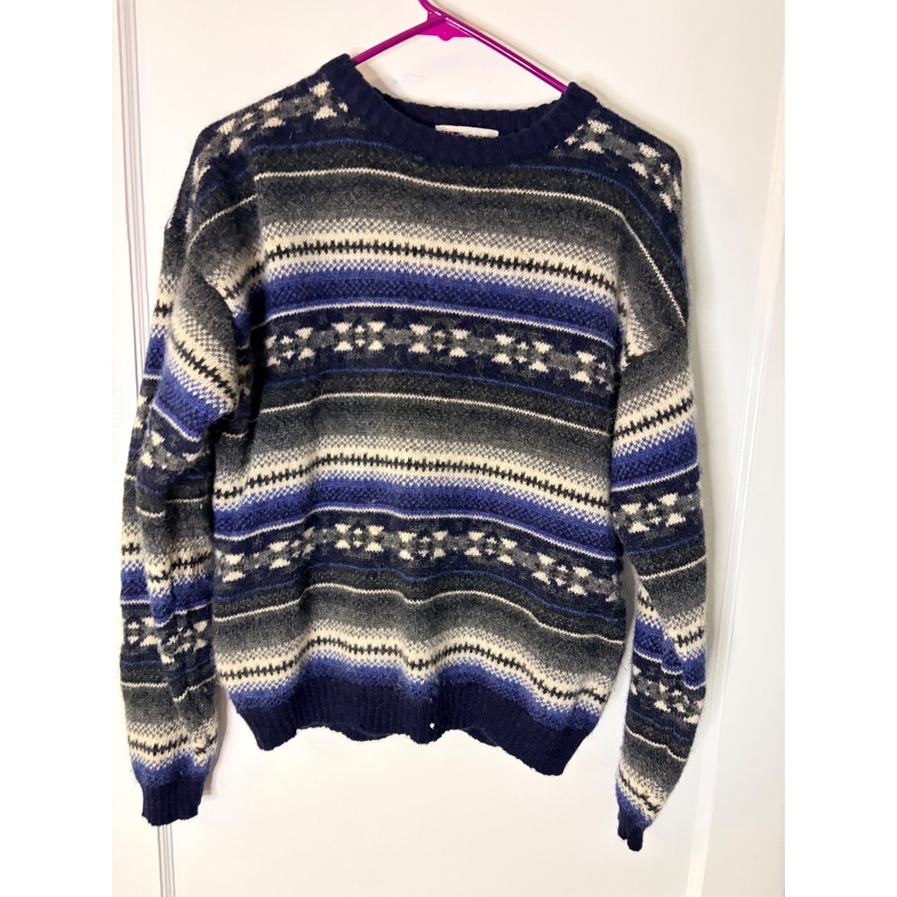 Royal Scott Mens Shetland Wool Fair Isle Sweater Blue Grey Crewneck Size M